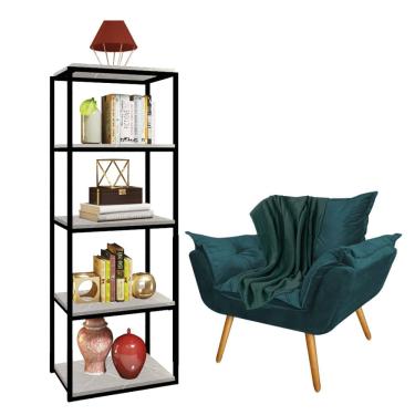 Imagem de Kit Poltrona Fatte com Manta Soft Verde e Estante Livreiro Ferro Preto MDF Marmorizado Cinza Suede Azul Turquesa - Ahz Móveis