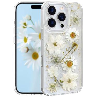Imagem de CEOKOK Capa transparente para iPhone 13 Pro com design de flores prensadas de verdade com glitter padrão floral brilhante fino macio TPU protetor feminino feminino capa de telefone (dourada)