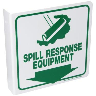 Imagem de ACCUFORM Placa de projeção SIGNS PSP492 90D, Legend "SPILL RESPONSE EQUIPMENT (ARROW DOWN)" com gráfico, painel de 20 cm x 20 cm, plástico de alto impacto de 0,25 cm de espessura, orifícios de
