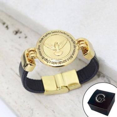 Imagem de Pulseira de Couro Feminina Espirito Santo Magnética Dourada Preto - GR