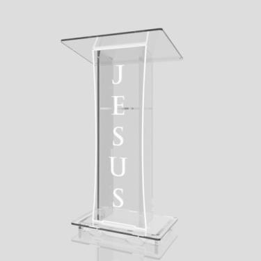 Imagem de Púlpito em Acrílico para Igreja e/ou Eventos com Gravação e Led grátis Mod. Rute Transparente (Tradicional, Moderna ou Sem Gravação) Cores em Led. (Grav. "Jesus" Tradicional, LED BRANCO)