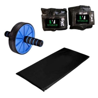 Imagem de Kit Academia Colchonete + Caneleira 2kg + Roda Abdominal Exercícios Tr