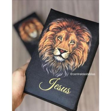 Imagem de Biblia sagrada Leão black ziper  Letras Hiper Grandes  Harpa E Corinho