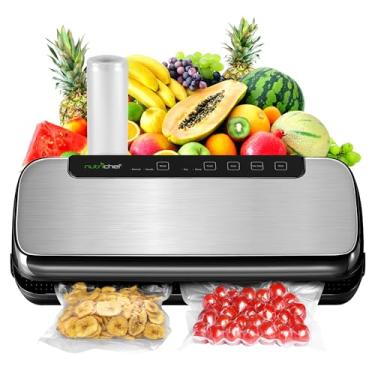 Imagem de NutriChef Máquina seladora a vácuo de alimentos, sistema automático de vedação a ar de aço inoxidável para alimentos secos/úmidos, controles de toque de LED, inclui mangueira de vácuo, rolo de saco e