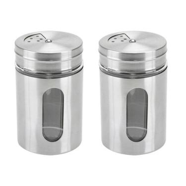 Imagem de Kit 2 Porta Condimento Saleiro Tempero Inox Visor Vidro - UniyGift