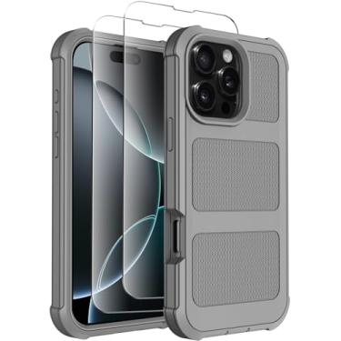 Imagem de Temcase Capa para iPhone 16 Pro [com protetor de tela X2], capa protetora de camada dupla resistente, resistente, antiderrapante, à prova de choque, para Apple iPhone 16 Pro de 6,3 polegadas (cinza)