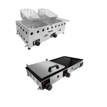 Imagem de Kit combo lanchonete  chapa 70x30 com prensa + fritadeira 2 cubas inox