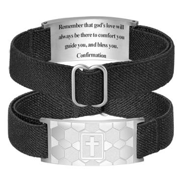 Imagem de KLIFOWDY Pulseiras de futebol com cruz para homens e meninos, pulseiras ajustáveis de aço inoxidável, pulseiras com versículo bíblico, joias cristãs, presentes para homens e meninos, First Communion,