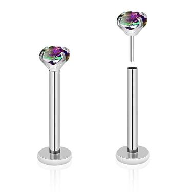 Imagem de ZYTAIJEW 2 peças G23 titânio 20G/18G/16G 6mm-12 mm anel de nariz plano push-in sem rosca 3 mm Prong CZ Monroe Labret anéis labiais Helix Nail cartilagem tragus brinco piercing joias, Titânio, Sem