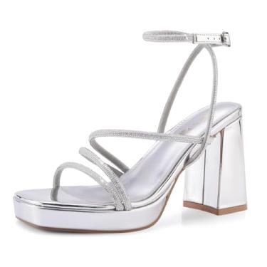 Imagem de Shoe'N Tale Sandálias de salto plataforma para mulheres, salto grosso, bico quadrado, fivela no tornozelo, Strass, prata, 37