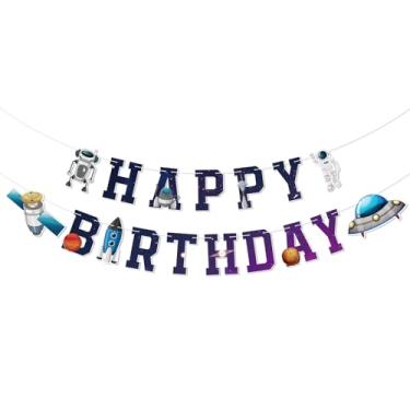 Imagem de Decorações de festa de aniversário espacial para meninos, universo, faixa de feliz aniversário do espaço sideral, tema astronauta nave espacial chá de bebê suprimentos de festa de aniversário