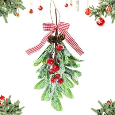 Imagem de Decoração de visco - Decoração de Natal de visco laço xadrez frutas vermelhas enfeites de bola de Natal, bola de beijo artificial folha seca decoração pendurada erva visco para árvore/porta 1