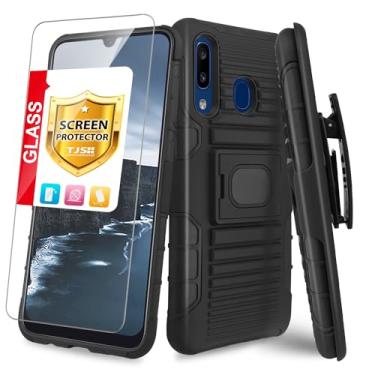 Imagem de Capa TJS para Samsung Galaxy A20/Galaxy A30, com [proteção de tela de vidro temperado de cobertura completa] coldre de cinto resistente a impactos suporte magnético híbrido suporte armadura resistente, Preto