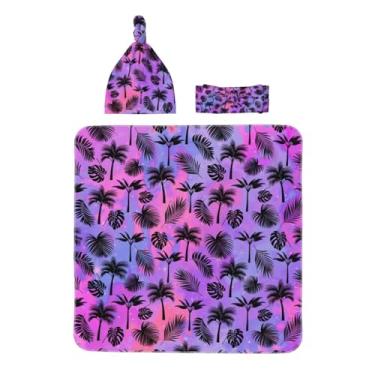 Imagem de Midaivu Cobertor de enfaixar folhas de palmeira para recém-nascidos com faixa de cabeça e conjunto de chapéu combinando, roupa para recém-nascidos voltando para casa, presente de chá infantil para 0 a