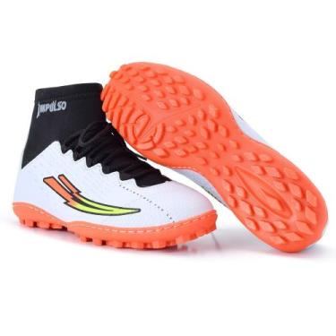 Imagem de chuteira cano longo society trainer adulto, Branco laranja, 39