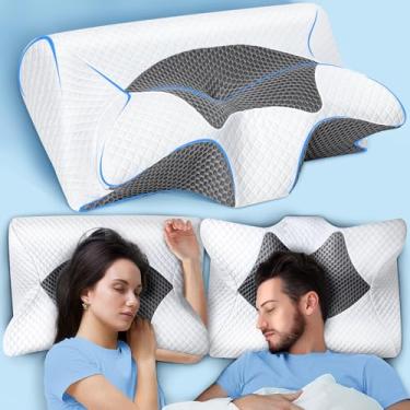 Imagem de SAHEYER Almofada de pescoço cervical, almofada ergonômica de espuma viscoelástica para alívio de dores no pescoço e ronco, travesseiro ortopédico 2 em 1 para dormir de lado, dormir nas costas e no