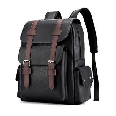 Imagem de Mochila de ombro de couro para homens retrô de grande capacidade casual bolsa de negócios para laptop para homens bolsa de viagem fashion(Black)