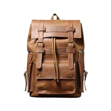 Imagem de Mochila masculina de couro genuíno, mochila vintage de grande capacidade, bolsa de viagem retrô para homens(Brown)