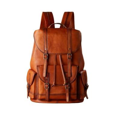 Imagem de Mochila artesanal de couro vintage para homens, mochila de couro genuíno de grande capacidade, bolsa de ombro para viagem e acampamento(Brown)