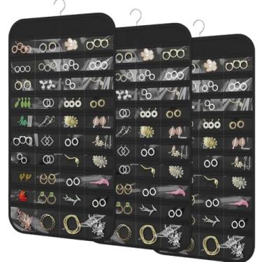 Imagem de Earssa Organizador de joias de pendurar com 80 bolsos, suporte de joias dupla face, armazenamento de porta de parede, acessórios de armário organizador para brincos, colares, anéis (preto)