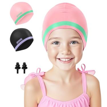 Imagem de Aegend Pacote com 2 toucas de natação infantis para meninas e meninos de 3 a 8 anos, touca de natação impermeável de silicone durável para cabelos longos, preto, roxo e rosa verde