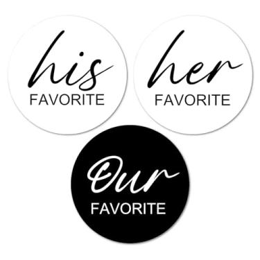 Imagem de 126 adesivos His Her Our Favorite (42 cada) etiquetas brilhantes redondas grandes de 2,5 cm preto e branco, etiquetas de casamento, chá de panela, ótimo para sacolas de presente, selos de envelope