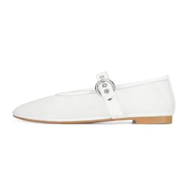 Imagem de Dsevht Sapatilhas Mary Jane Ballet femininas sem cadarço bico redondo brilhante sapatos de bailarina com fivela e alça casual, Malha branca, 40