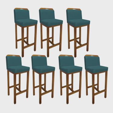 Imagem de Kit 07 Banqueta Alta Com Encosto Zion Cozinha Balcão Bistrô Base Madeira Castanho Suede Azul Turquesa - Ahz Móveis