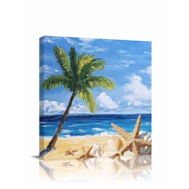 Imagem de Arte de parede em tela de verão oceano praia para sala de estar, decoração de parede de coqueiro, conchas de estrela-do-mar, pintura a óleo, arte de parede emoldurada para quarto, banheiro, escritório