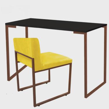 Imagem de Kit Mesa Escrivaninha Stan e Cadeira Lee Industrial Escritório Tampo Preto Bronze Tecido Sintético Amarelo - Ahz Móveis