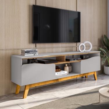 Imagem de Rack para TV Até 75 Polegadas 2 Portas com Pés de Madeira Maciça Ilhabela Bechara - Off White/Cinamomo
