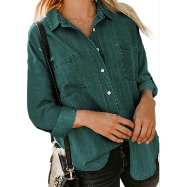 Imagem de Camisa jeans feminina Spring Novo camisa casual de manga longa e de manga longa solta, verde escuro, 3xl
