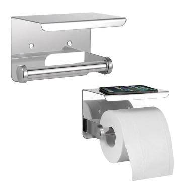 Imagem de Suporte Papel Higienico Inox Banheiro Lavabo Kit 2 unidades Apoio Celular Porta Objeto Prateleira Multiuso Resistente Organizaçao Parede