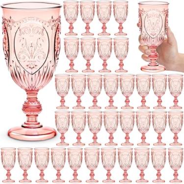 Imagem de Wiwiqing Pacote com 36 taças de plástico de 283 g Upgrade Vintage Taças de vinho de plástico coloridas retrô em relevo para festa bar de vinho suco chá de bebê recepção de casamento grande (rosa)
