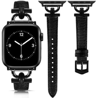 Imagem de Pulseira de couro feminina compatível com Apple Watch séries 11/10/9/8/7/6/5/4/3/2/1/se/Ultra/Ultra 2 (49 mm, 46 mm, 45 mm, 44 mm, 42 mm, lagarto, preto/preto)