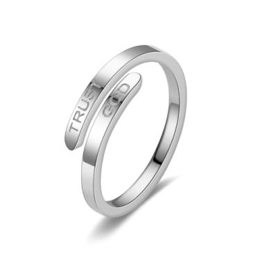 Imagem de LIU JUN Anel Trust God para mulheres, anel inspirador gravado Trust God, moderno, aço inoxidável, ajustável, religioso, fé, anéis para mulheres, homens, joias presentes, Aço inoxidável, Sem pedra