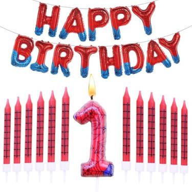 Imagem de Faixa de feliz aniversário com tema de aranha, 13 peças, conjunto de velas de aniversário com tema de aranha, número 1, topo de bolo, suprimentos de decoração de festa de aranha (RedBule-1)