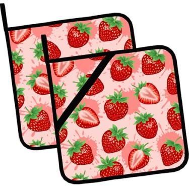 Imagem de Porta-panelas de morango com desenho rosa fofo, 2 peças, almofadas quentes resistentes ao calor para cozinhar, grelhar, assar, churrasco, suporte de panela para mulheres, cozinhar, casa, micro-ondas
