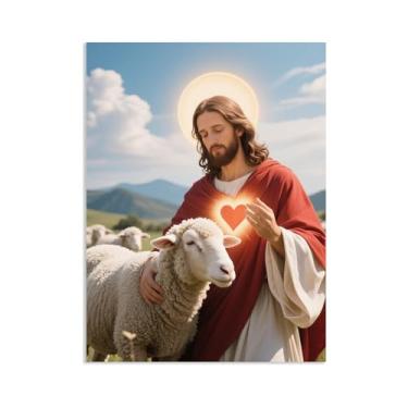 Imagem de Arte de parede em tela Jesus e Cordeiro, imagem do Sagrado Coração de Jesus e Cordeiro, Impressão de pôster de Jesus Rei Leão Cristão Pintura Religiosa Arte Igreja Decoração de Parede Imagens 65 x 50