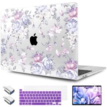 Imagem de TWOLSKOO Capa compatível com MacBook Pro de 13 polegadas 2023-2016 A2338 M2/M1 A2251 A2289 A2159 A1989 A1706, capa rígida de plástico e película de teclado e protetor de tela, peônia roxa