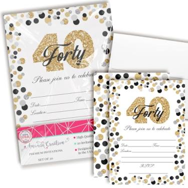 Imagem de Convites de festa de aniversário de 40 anos de bolinhas de confetes, 20 cartões de preenchimento de 12,7 x 17,8 cm com vinte envelopes brancos da AmandaCreation