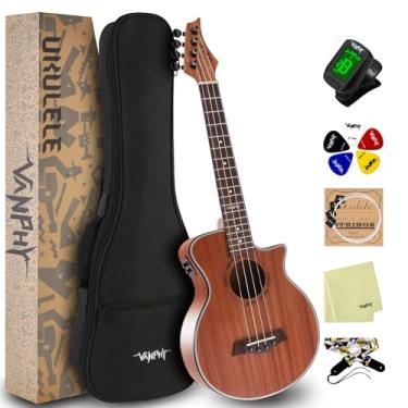 Imagem de VANPHY Ukulele Concert Ukulele elétrico de 58 cm, kit para iniciantes de ukelele sapele com alça de bolsa para presente e afinador de cordas de nylon para iniciantes, estudantes, músicos profissionais Ukalalee Yukalalee