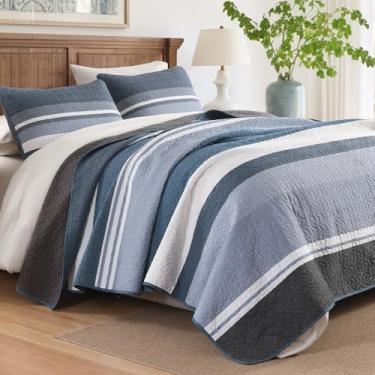 Imagem de SahSahCasa Conjunto de colcha King, 100% algodão, conjunto de colcha, edredom leve, estampa listrada, 3 peças, azul/cinza