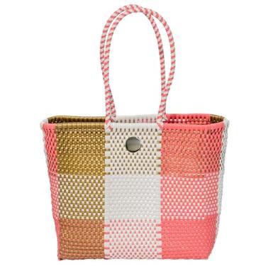 Imagem de La Sol Imports Bolsa de praia mexicana grande de plástico grande feita à mão, resistente à água, ideal para férias na piscina, Rosa-bege-branco, Large 18 x 14.5 x 5.5 Strap 8.5 in