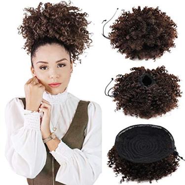 Imagem de YIBANG Peruca Afro Curta Cacheada Com Cordão, 2 Peças, Rabo De Cavalo, Crespo, Coque Fofo, Enrolada, Clipes, Cor Ombré, Cabelo Sintético, Para Mulheres Negras (Marrom 4#)