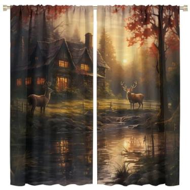 Imagem de Cortinas blackout com tema de alce vintage pôr do sol, paisagem animal natural, pôr do sol, alce, floresta, rio, outono, folhagem, cortinas com tema cênico, cortinas blackout para quarto de meninos e