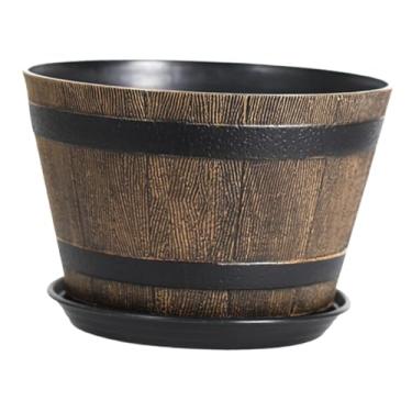 Imagem de IEUDNS Vaso de flores com furos de drenagem e pires, enfeite de barril, vaso de plantas para escritório, mesa, quintal, sala de estar, pátio, S