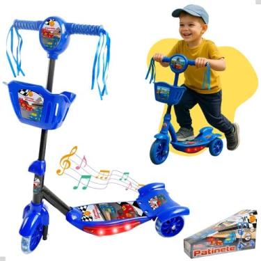 Imagem de Patinete Infantil 3 Rodas com Luz LED e Som, Cestinha, Altura Regulável — Azul — A partir de 3 anos