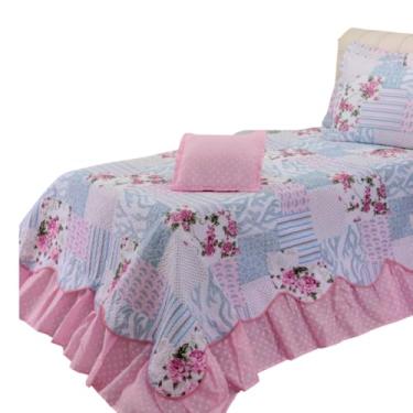 Imagem de Jogo de Cama Cobre Leito Solteiro, 3 Peças, com Babados, Rosa Poá
