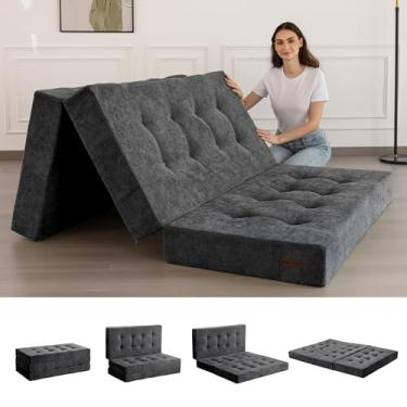 Imagem de MAXYOYO Colchão de três dobras, colchão dobrável tufado de 15 cm com tecido de chenille, tapete de hóspedes portátil de tamanho completo para adultos, cobertura dobrável para acampamento, cinza escuro